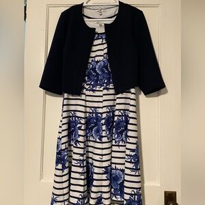 Blue Floral Striped Dress with Jacket
